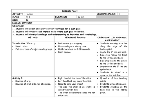 Detailed HOCKEY Unit of Work - Yr 8 Lesson Plans x 12