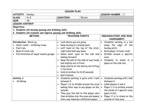 Detailed HOCKEY Unit of Work - Yr 9 Lesson Plans x 8