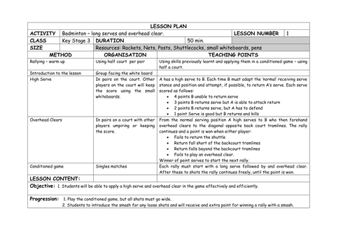 Detailed BADMINTON Unit of Work - KS4 Lesson Plans x 8