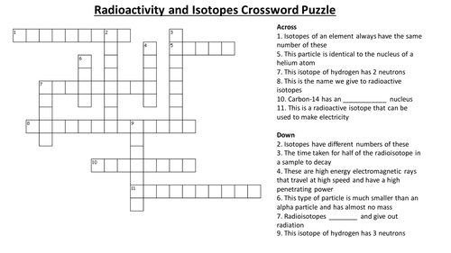 Radioactivity and Isotopes Crossword Puzzle (With Answers) Teaching