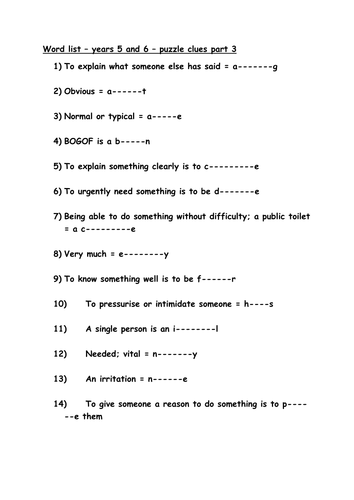 Word list puzzle for years 5 and 6 part 3 teaching resources