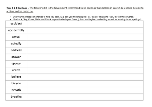 2014 New Curriculum Year 3 & 4 Spellings Look Say Cover Write Check 