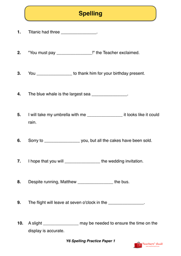 y6 sats style spelling practice paper 1 by
