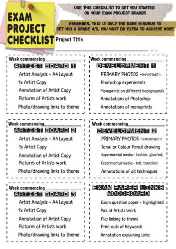 Art Exam project planning sheets