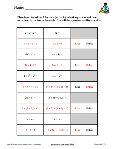 Identify Equivalent Expressions by Substituting for Variables - 6.EE.4 ...