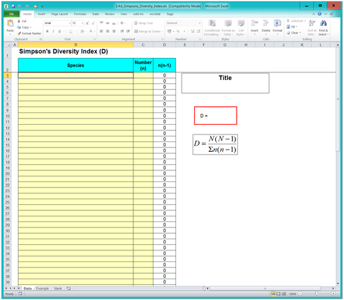 BioA_3.4.6 Biodiversity - Species Diversity Index Spreadsheet