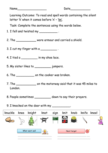 Silent 'k' followed by 'n' (kn) worksheet by Krazikas - Teaching