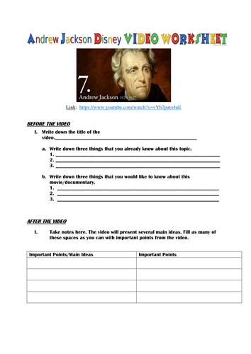 Andrew Jackson Disney Video Worksheet