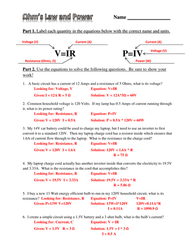 Ohms Law, Electric Power, and Energy Practice Worksheet and PowerPoint