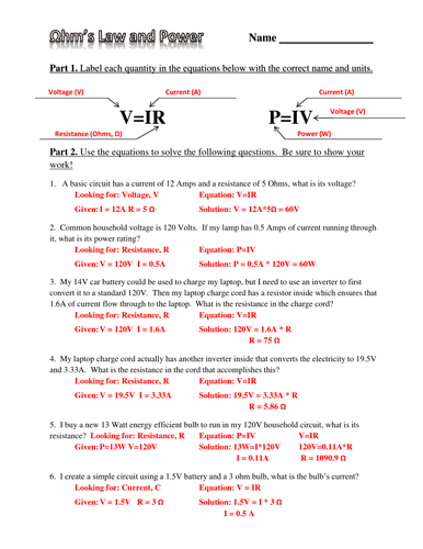 Ohm's Law, Electric Power, and Energy Practice Worksheet and PowerPoint