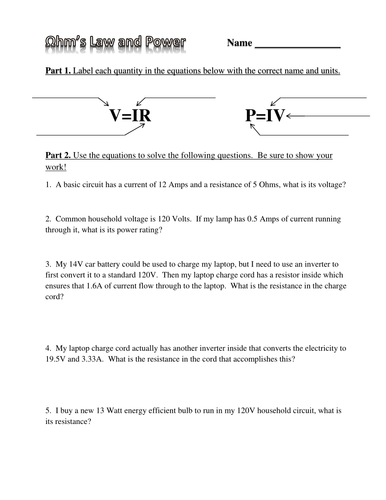 Ohms Law, Electric Power, and Energy Practice Worksheet and PowerPoint by mmingels  Teaching 