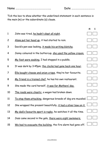 Main and subordinate clauses worksheet by lynellie - Teaching Resources