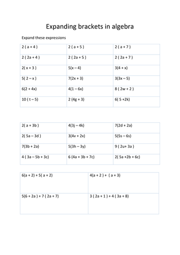Expanding and simplifying brackets worksheet image