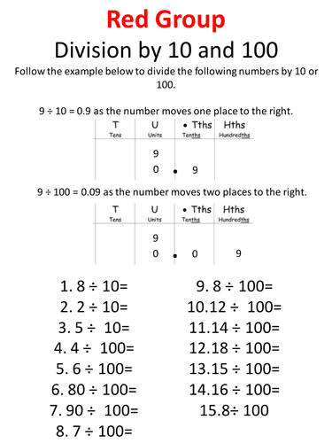 Division By 10 100 And 1000 Questions Teaching Resources