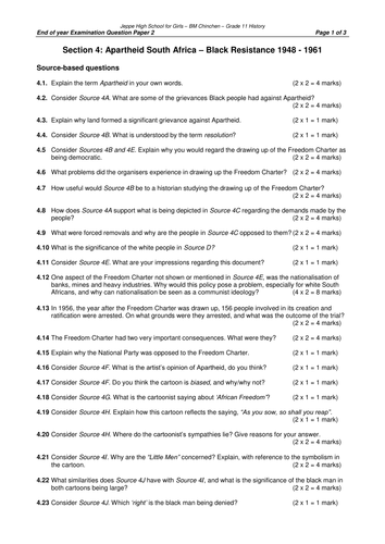 resistance to apartheid in the 1950s essay grade 11 answers