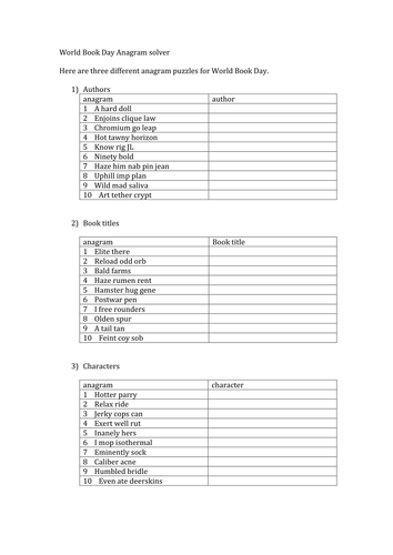 WORLD BOOK DAY ACTIVITIES FOR KS3/4 by alimitch53 - UK ...