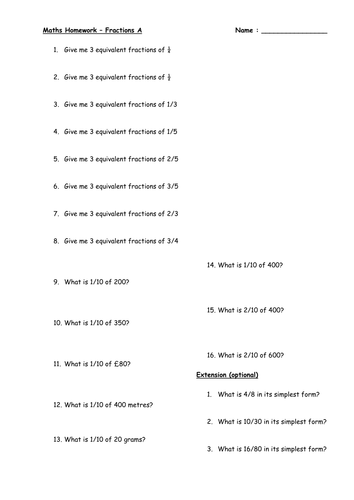 fractions homework tes