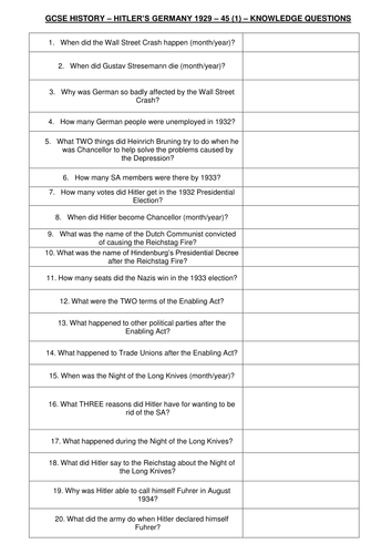 AQA GCSE History (Revision) - Knowledge Recall 91����ts - Germany 1918-45