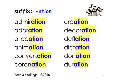Year 3 spellings suffix ation as in donation creation 