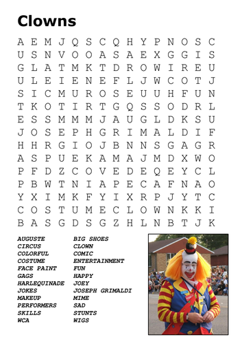 Clowns and the Circus Word Searches