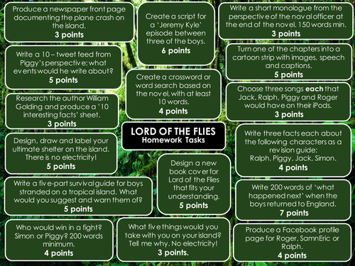 Lord of the Flies Choice Homework Menu - Lots of Tasks!