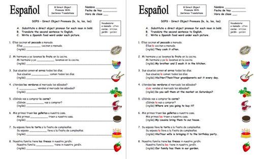 Printables Spanish Direct Object Pronouns Worksheet spanish direct object pronouns sentences and food worksheet by suesummersshop teaching resources tes