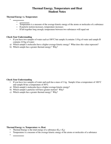 Thermal Energy, Temperature and Heat - Physics Lesson and Worksheet