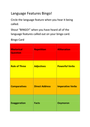 GCSE English Language Features Bingo