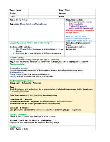 Characteristics Of Living Things Lesson Plan Teaching Resources