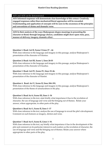 Close reading questions on Hamlet | Teaching Resources
