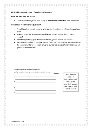 NEW AQA English Language Paper 1: Question 1 Revision | Teaching Resources