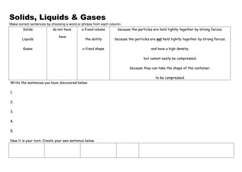 Solids, Liquids and Gases Sentence construction | Teaching Resources
