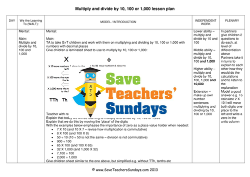 Multiplying and Dividing by 10 and 100 Worksheets, Lesson Plans, Guide & Plenary