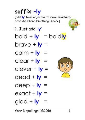 Year 3 spellings: suffix '-ly' [adverb]: 4 main rules: ppt and table