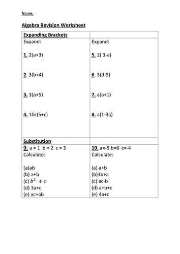 Algebra Worksheets: Simplifying, collecting like terms, substitution ...