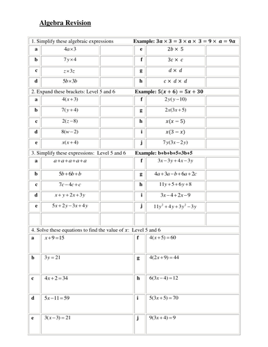 Algebra Worksheets: Simplifying, collecting like terms, substitution ...