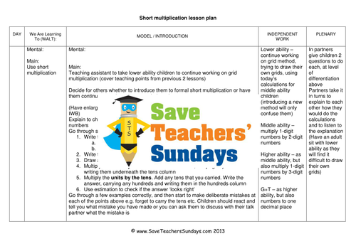 Short Multiplication Worksheets, Lesson Plans, Model, Guide & Plenary