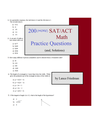 200 (MORE) Math SAT/ACT Practice Questions | Teaching Resources