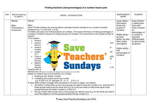 Fractions (and Percentages) of Amounts Worksheets, Lesson Plans, Model and Plenary