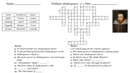 William Shakespeare Themed Crossword by Krazikas UK Teaching