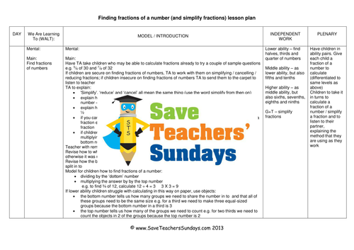 Fractions of Numbers KS2 Worksheets, Lesson Plans, Model and Plenary