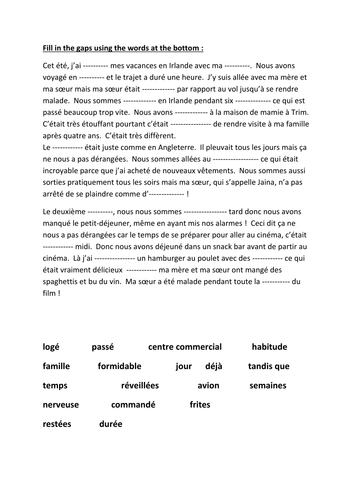Fill in the gaps worksheet on holiday year 10 year 11 GCSE writing