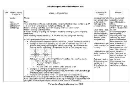 Expanded Column Addition Worksheets, Lesson Plans, Presentation, Success Criteria & Plenary