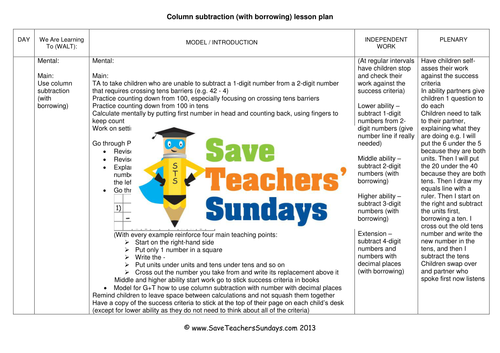 Column Subtraction Worksheets, Lesson Plans, Presentation, Success Criteria, Guide and Plenary