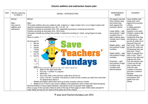 Column Addition and Subtraction Worksheets, Lesson Plans, Presentation, Success Criteria and Plenary