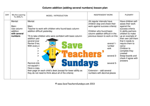 Adding Several Numbers Worksheets, Lesson Plans, Model and Success Criteria