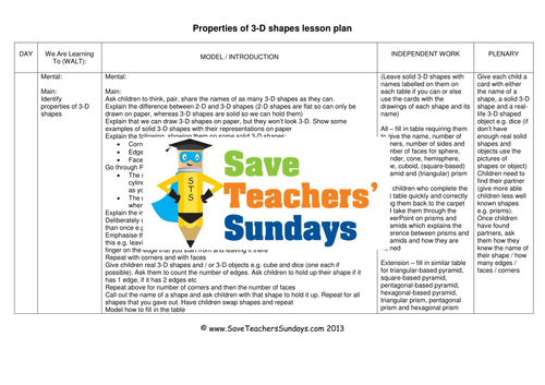 3-D Shapes KS1 Worksheets, Lesson Plans, PowerPoint and Plenary
