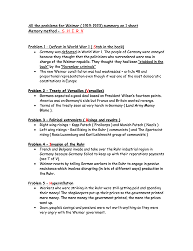 The problems and challenges of the Weimar Republic revision sheet