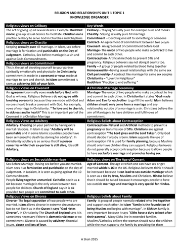 Religion and Relationships Knowledge Organiser GCSE AQA SPEC B Unit 1 Topic 1