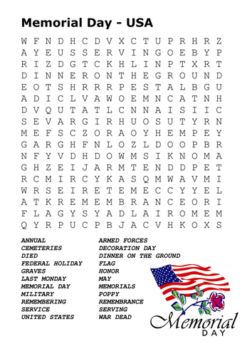 Memorial Day Word Search by sfy773 Teaching Resources TES